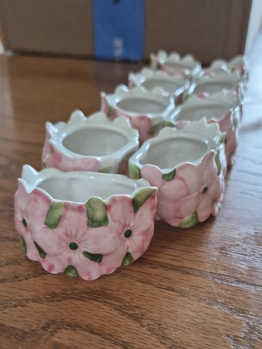Hand-Painted Pink Floral Ceramic Napkin Rings - Set of 9